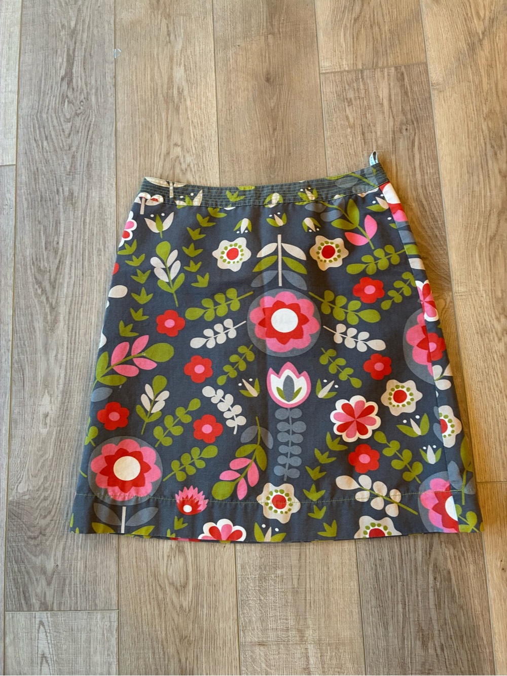 Boden Floral A-Line Skirt in Gray with Pink, Red, Green and Cream